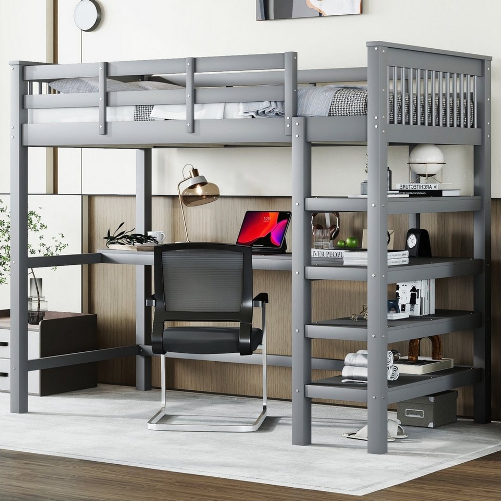 STILVORA Hochbett 90x200 mit schreibtisch,Kinderbett mit Ablagefächern,ohne matratze (Gästebett Jugendbett Holzbett mit Ablagefächern und Unterbettschreibtisch, 90 x 200 cm) Ohne Matratze Bild 1