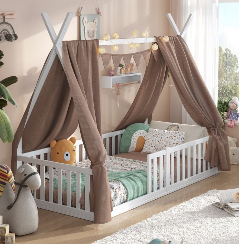Alavya Home® Kinderbett Bodenbett SKY SET aus Buche – FSC® 100%, Deko & Matratze (Hausbett 90x200 cm SET mit Decoration Braun, Matratze, Rausfallschutz & Lattenrost Kinderbett 90x200), bodentiefes Jugendbett weiß massiv BUCHE für Junge Mädchen Bild 1