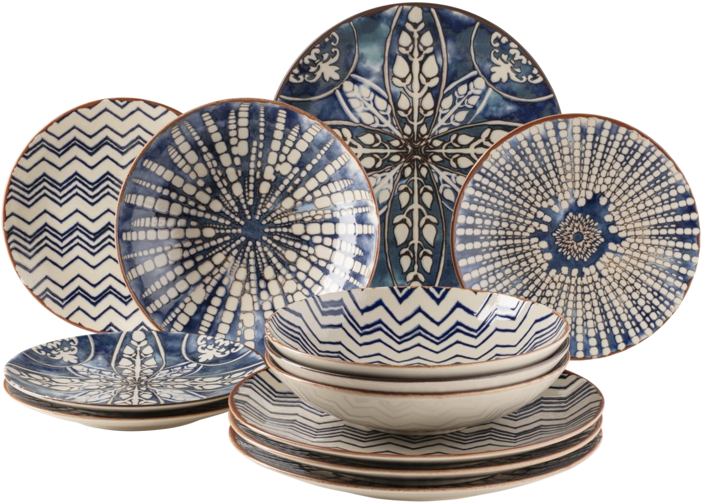 12-teiliges Tafelservice fr 4 Personen im maurischen Stil, Teller Set mit verschiedenen Vintage Mustern in Wei und Blau Bild 1