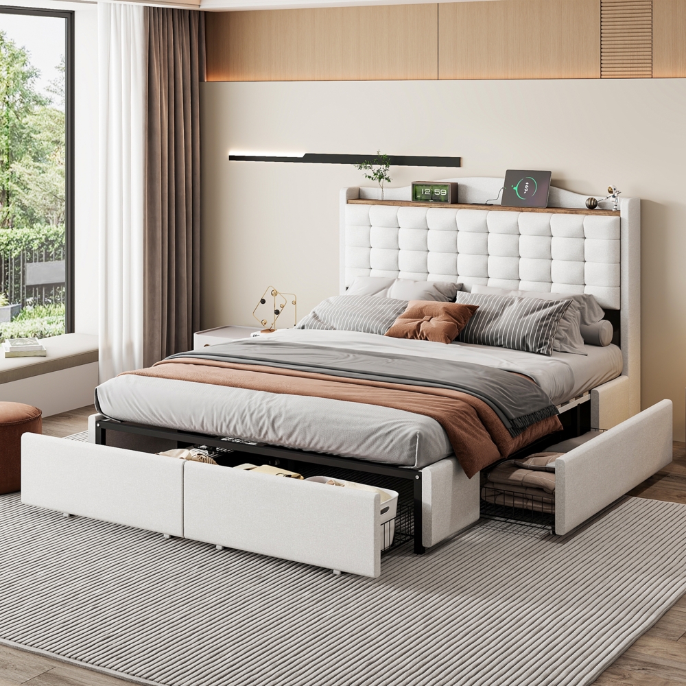 Merax Polsterbett 140*200 cm, Nachttisch mit USB-Ladeanschluss und Ablage, Doppelflachbett mit 4 Schubladen, Leinenstoff Beige Bild 1