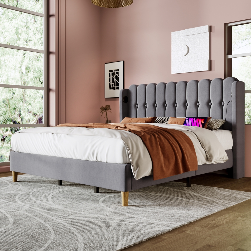 Polsterbett 180x200 cm aus Leinen mit USB- und Type-C-Anschlüssen – gepolstertes Panel-Kopfteil, robustes Gestell Bild 1