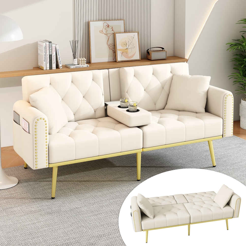 Merax Schlafsofa 2-Sitzer-Sofa mit Liegefunktion, drei verstellbaren Neigungswinkeln und Getränkehalter, Beige Bild 1