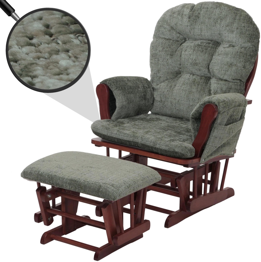 Relaxsessel HWC-C76, Schaukelstuhl Schwingstuhl mit Hocker Stoff Chenille (465g/m²) Öko-Tex ~ grün, Gestell dunkel Bild 1