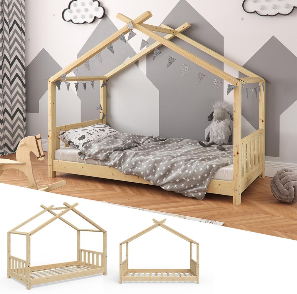 VITALISPA Kinderbett Hausbett DESIGN 80x160cm Natur Zaun Kinder Holz Haus Hausbett Bild 1