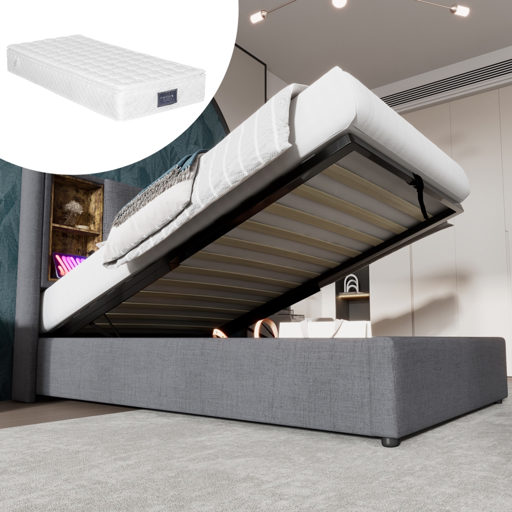 Polsterbett 90x200 cm aus Baumwolle mit Bettkasten und kabellosem Laden – mit USB- und Type-C-Anschlüssen Bild 1