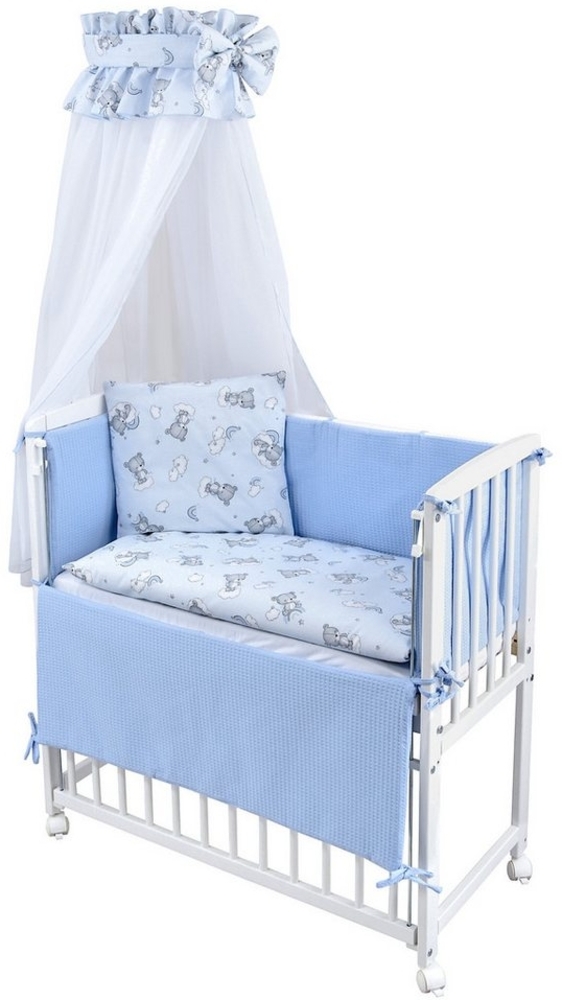 Baby-Delux Beistellbett Babybett Waffelpique Bärchen Blau, Stillbett 90x40 weiß höhenverstellbar, Matratze inkl. komplett Set Bild 1