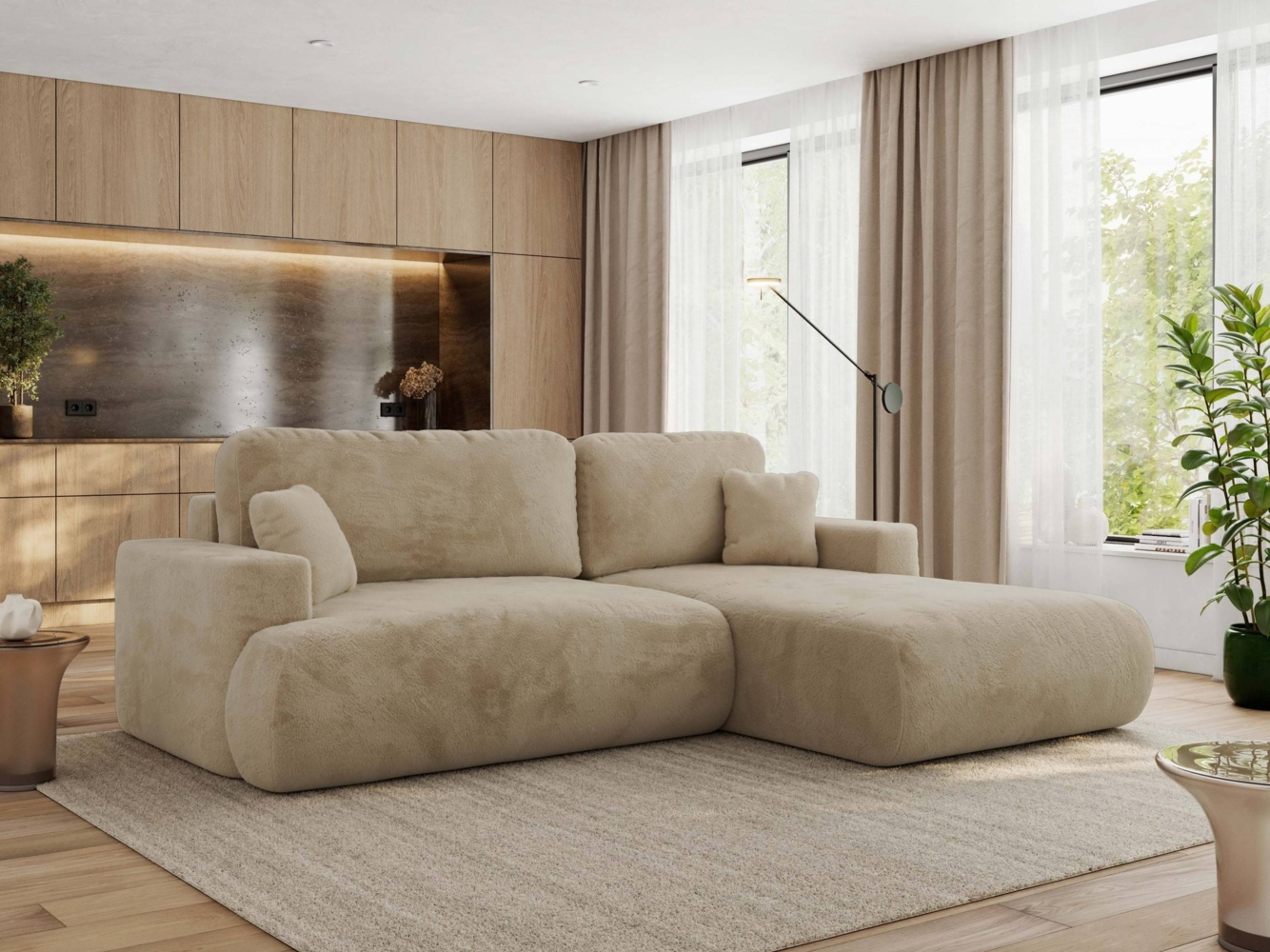 Ecksofa OVO mit schlaffunktion und bettkasten, Wellenfeder, lose Kissen, L-form 271x195 cm - Beige Plüsch - rechte Seite Bild 1