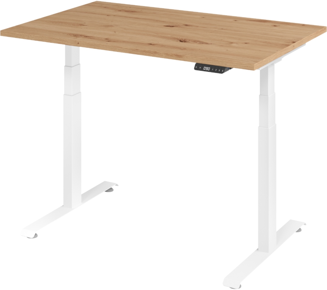 bümö höhenverstellbarer Schreibtisch 120x80 cm in Asteiche, Gestell weiß - Höhenverstellbar Elektrisch Stehpult mit 3-fach Speicher, Computertisch, Ergonomischer Steh-Sitz Tisch, Bürotisch, LXK65-12-R-W Bild 1