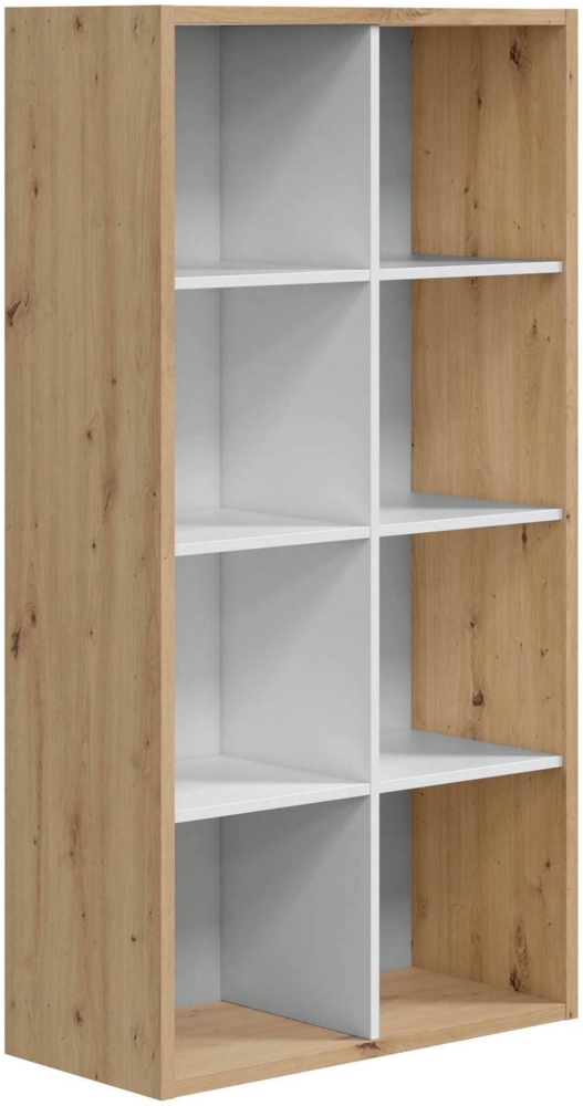 Dmora Alliers-Bücherregal, Wende-Bücherregal mit 8 Fächern, TV-Ständer mit mehreren Positionen, 72 x 33 x 137 cm, Eiche mit Knoteneffekt und Weiß Bild 1