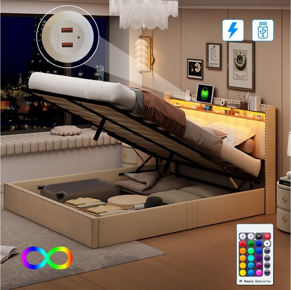 FUROKOY Polsterbett Polsterbett mit Ladefunktion(USB/Typ-C),LED-Beleuchtung, (Bettgestell (Ohne Matratze),Bett Jugendbett Erwachsenenbett), LED hydraulisches Doppelbett 140/160x200 cm,Beige Bild 1