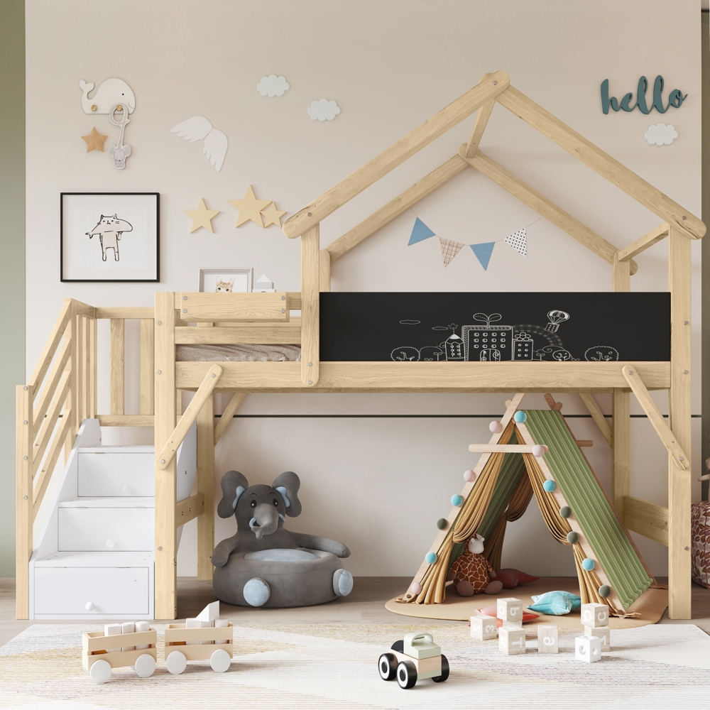 Merax Etagenbett, Kinderbett mit Fallschutz und Gitter, Einzigartiges Dachdesign, Bemalbare Tafel, Mit 3 Schließfächer in der Treppe, Kiefer+MDF+Sperrholz, Weiß+Natur, 90x200cm Bild 1