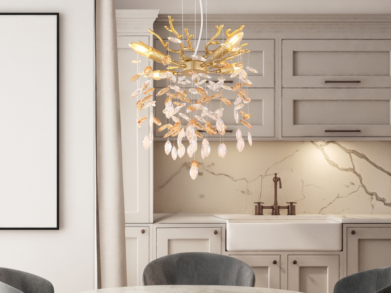 Kronleuchter QUEENA Gold 4-flammig mit Glas Kristall 2-farbig Ø 40cm Bild 1