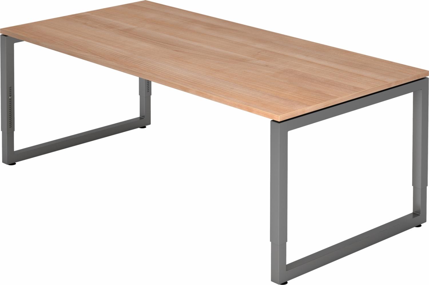 bümö höhenverstellbarer Schreibtisch R-Serie 200x100 cm in Nussbaum, Gestell in Graphit - großer PC Tisch für's Büro manuell höhenverstellbar, Computertisch verstellbar, RS-2E-N-G Bild 1