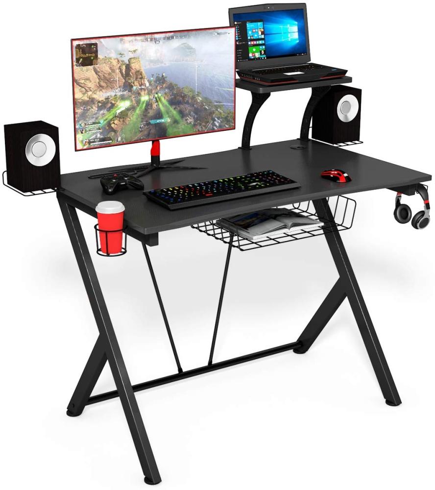 COSTWAY Gaming Tisch ergonomisch, Gaming Desk mit Ablage, Getraenkehalter und 2 Halter, Schreibtisch PC, Computertisch Schwarz Bild 1