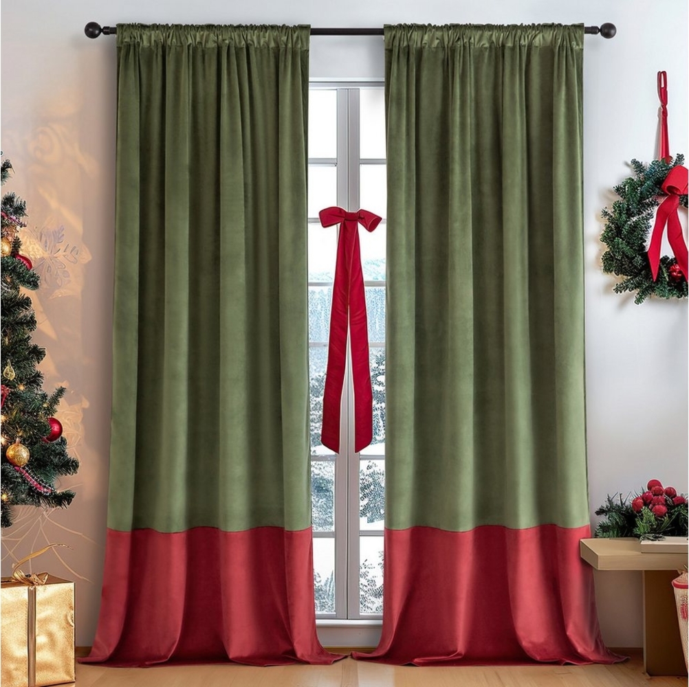 BTTO V&G Gardine Vorhang Samt Blickdicht,Weihnachtsvorhänge,Verdunkelungsvorhang (2 St), verdunkelnd, Thermogardine,Rote und Grüne Farbkombination Bild 1