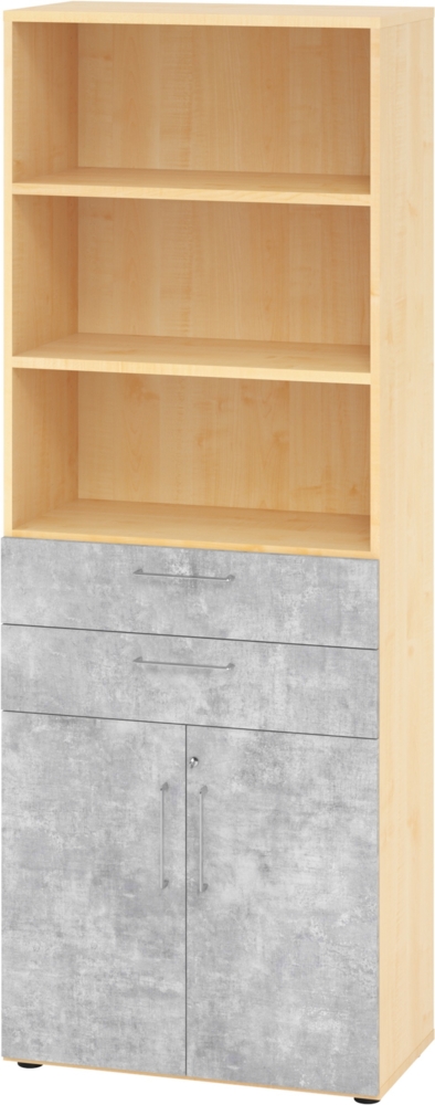 bümö Aktenregal & Schrank abschließbar, Büroschrank Regal & Schubladen Kombination Holz 80cm breit in Ahorn/Beton - Schrank für's Büro & Arbeitszimmer, Büro Möbel Ordnerschrank, 968K2-3-M-BS Bild 1