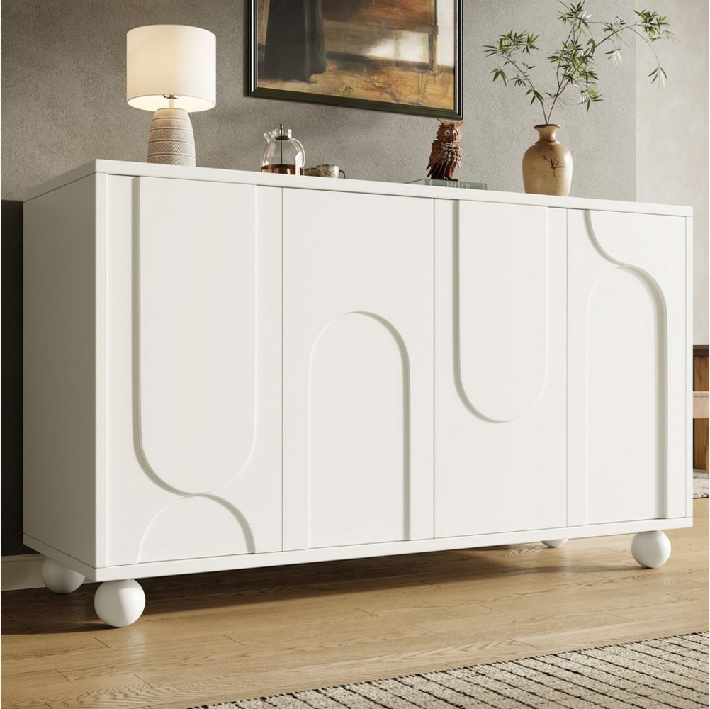Flieks Mehrzweckschrank (1-St, 120×35×71cm, Kiefernholzbeine) Wohnzimmerschrank mit 4 Türen Sideboard Kommode Cremeweiß Bild 1