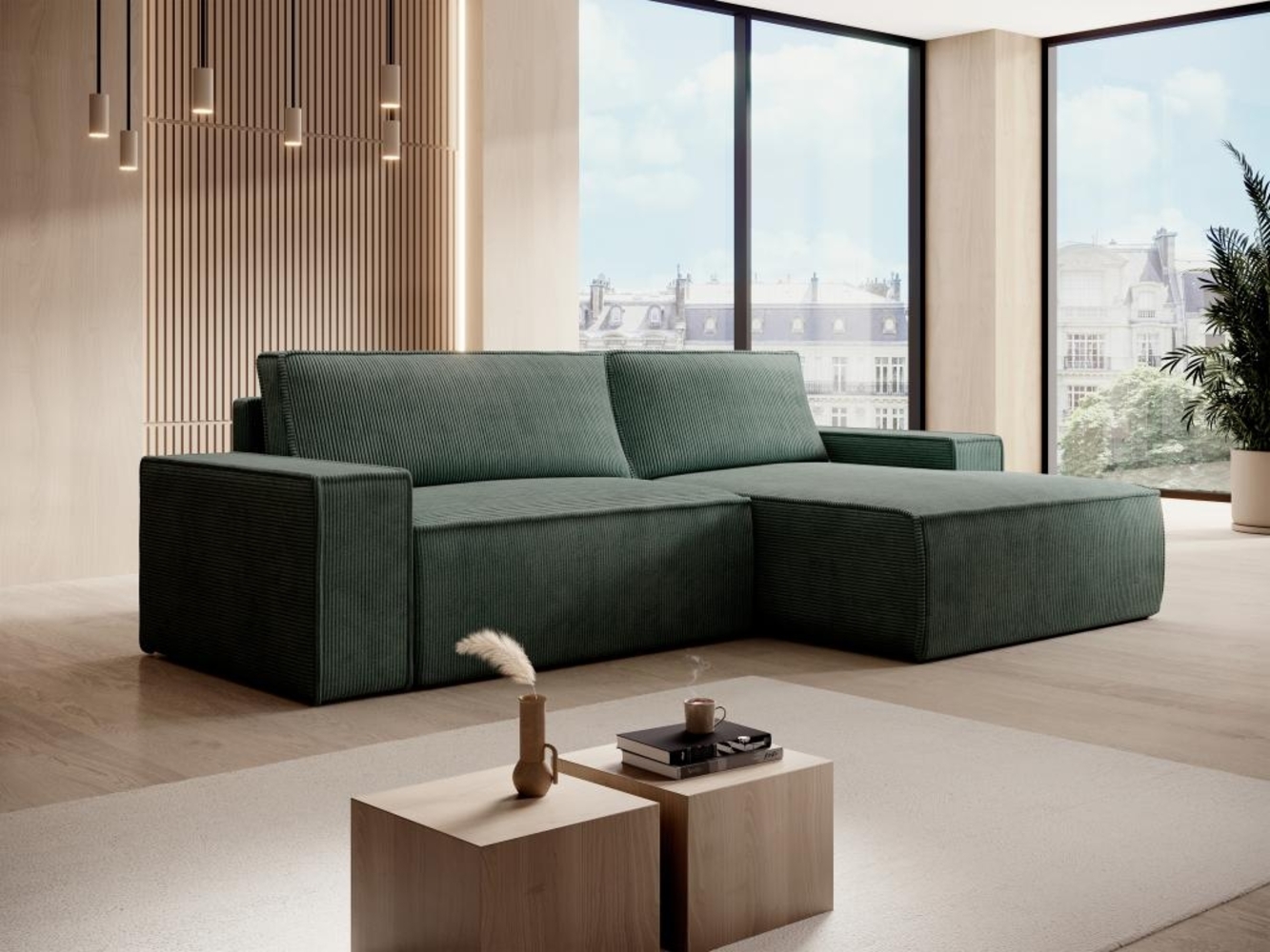Vente-unique - Ecksofa - Ecke rechts - Cord - Grün - Tannengrün - AMELIA Bild 1
