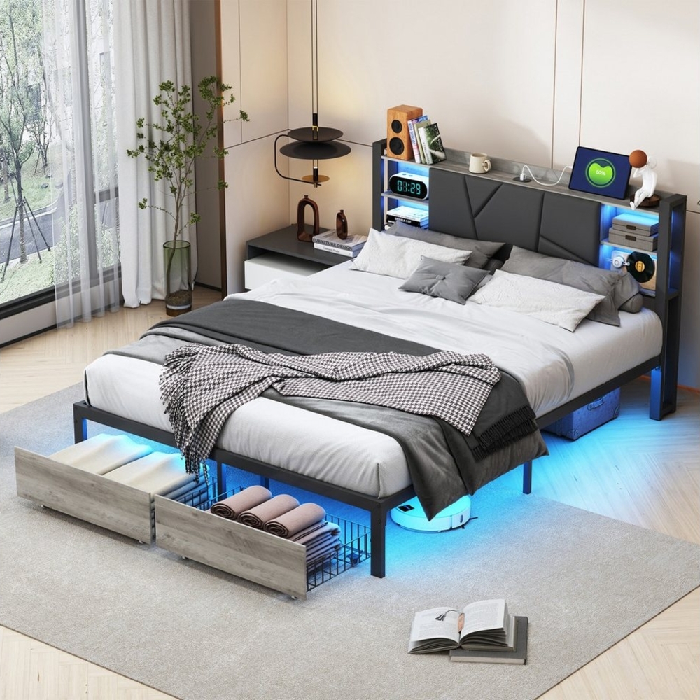 LuxeLiving Metallbett Doppelbett Holzbett, mit LED-Beleuchtung und USB/Type-C Anschlüssen, 140x200 cm Bild 1