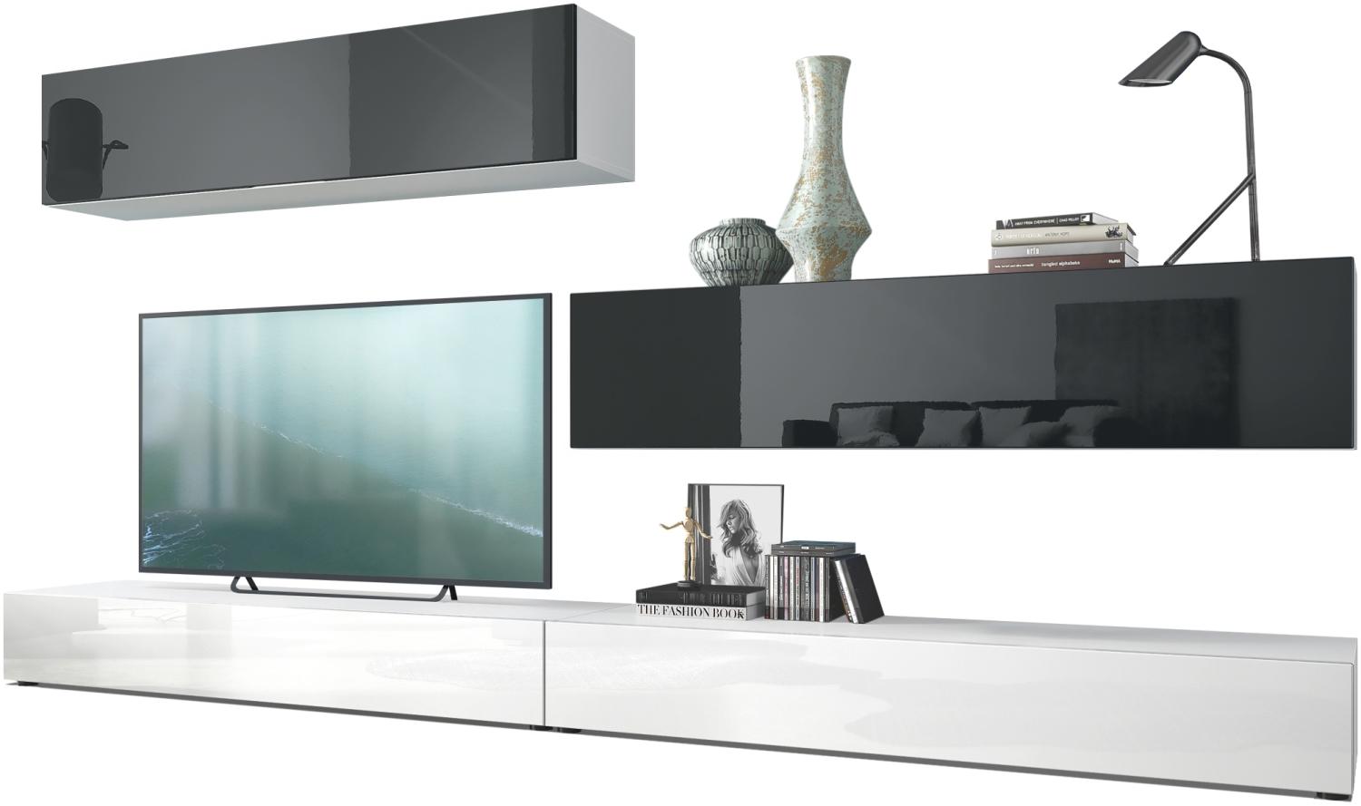 Vladon Wohnwand Nublo, Anbauwand mit Rückwand mit 2 Klappen und 2 Sockelelementen, Korpus Weiß matt, Fronten Weiß Hochglanz und Schwarz Hochglanz (280 x 147 x 39 cm) Bild 1