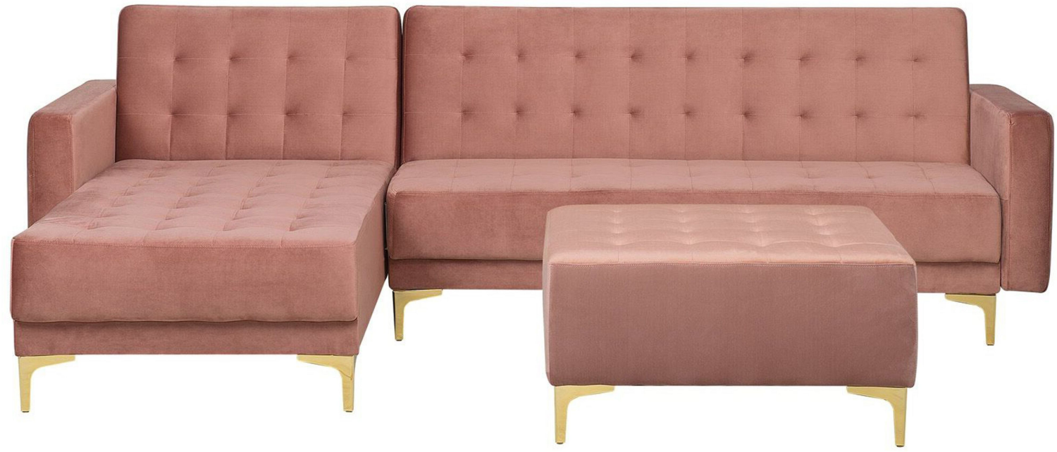 Schlafsofa Samtstoff rosa rechtsseitig mit Ottomane ABERDEEN Bild 1