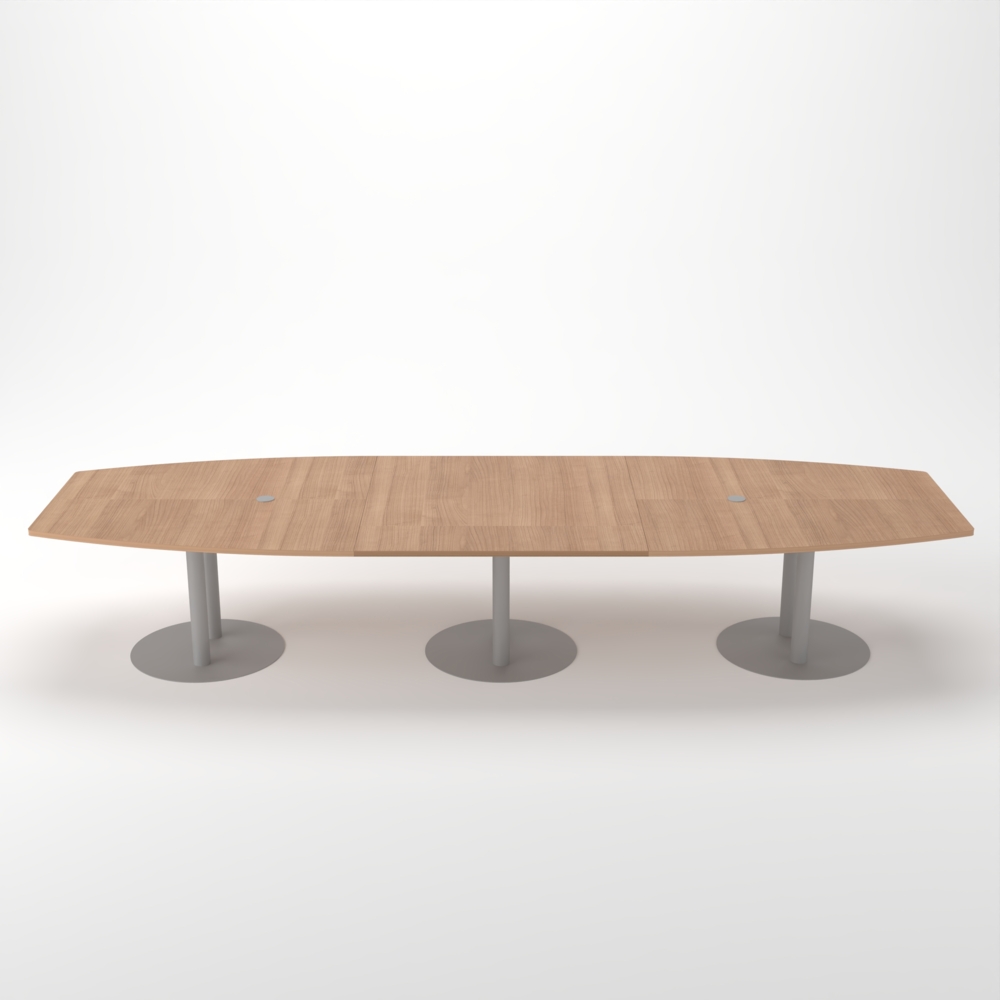 Rheinland Möbel Konferenztisch KONTI 400x130 cm – ovaler Besprechungstisch in Nussbaum mit silbernen Säulenfüßen & 2 Kabelauslässen, erweiterbarer Meetingtisch für 12–14 Personen, moderner XXL-Tisch fürs Büro Bild 1