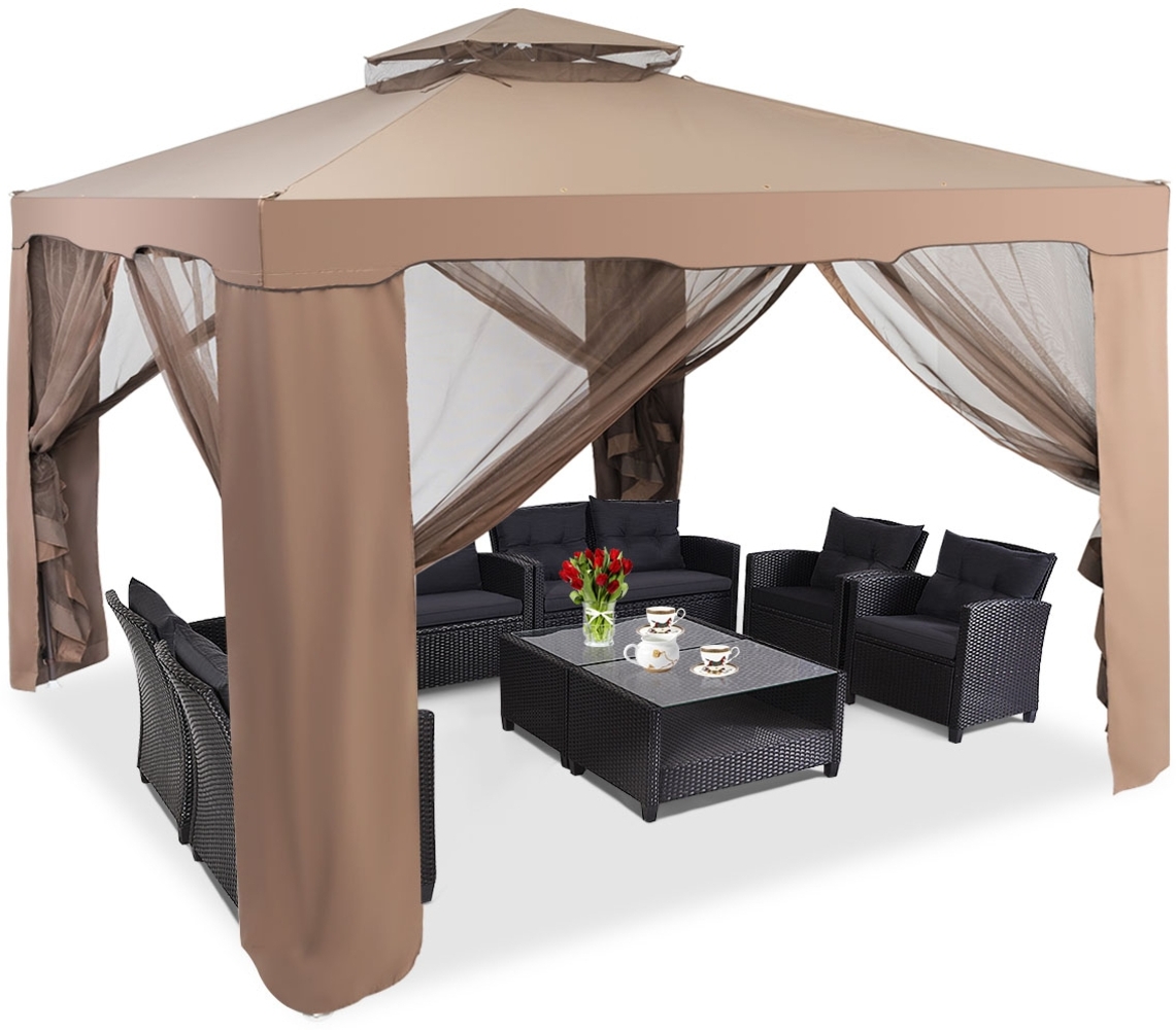 Gartenpavillon Gartenzelt Camping Partyzelt mit 4 Seitenwänden 300 x 300 x 265 cm Braun Bild 1
