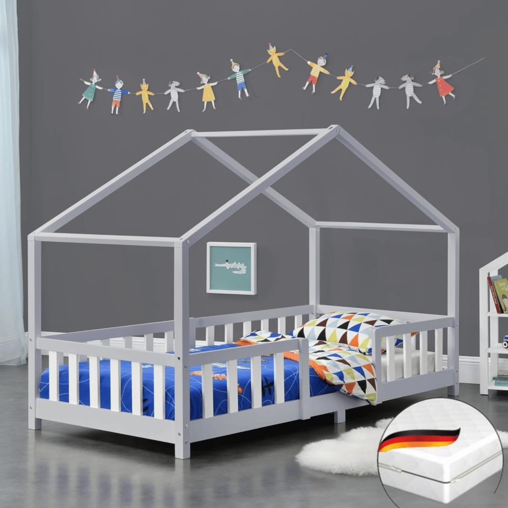 DELUKE® Kinderbett 90x200 cm MILA - mit Matratze Lattenrost Rausfallschutz Hausbett Kinder Haus Bett Kinderzimmer Bodenbett Einzelbett Kinder Bett Klein Kinderbett Montessori Bett Grau Bild 1