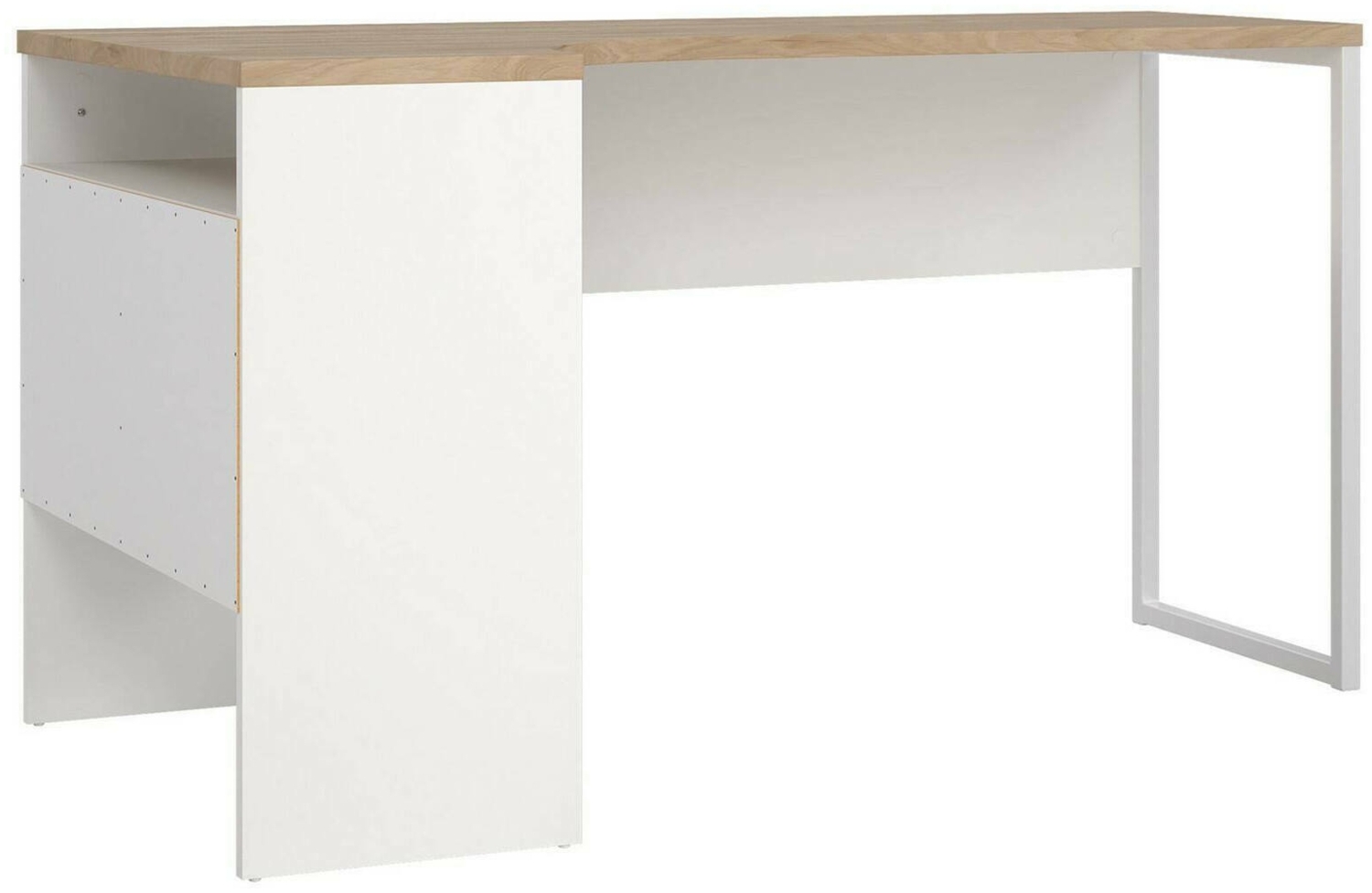 Dmora Schreibtisch Moire, Mehrzweckschreibtisch, Bürotisch für PC, Eckschreibtisch, 145x81 h77 cm, Weiß und Eiche Bild 1