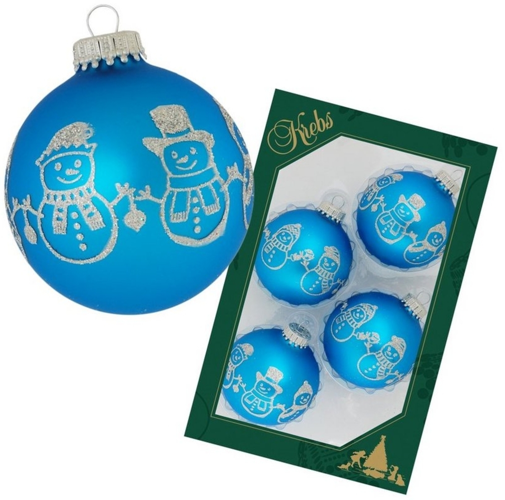 Krebs Glas Lauscha Christbaumschmuck Hellblau glanz 7cm Glaskugel mit Silberglitter-Banddekoration (4-tlg) Bild 1