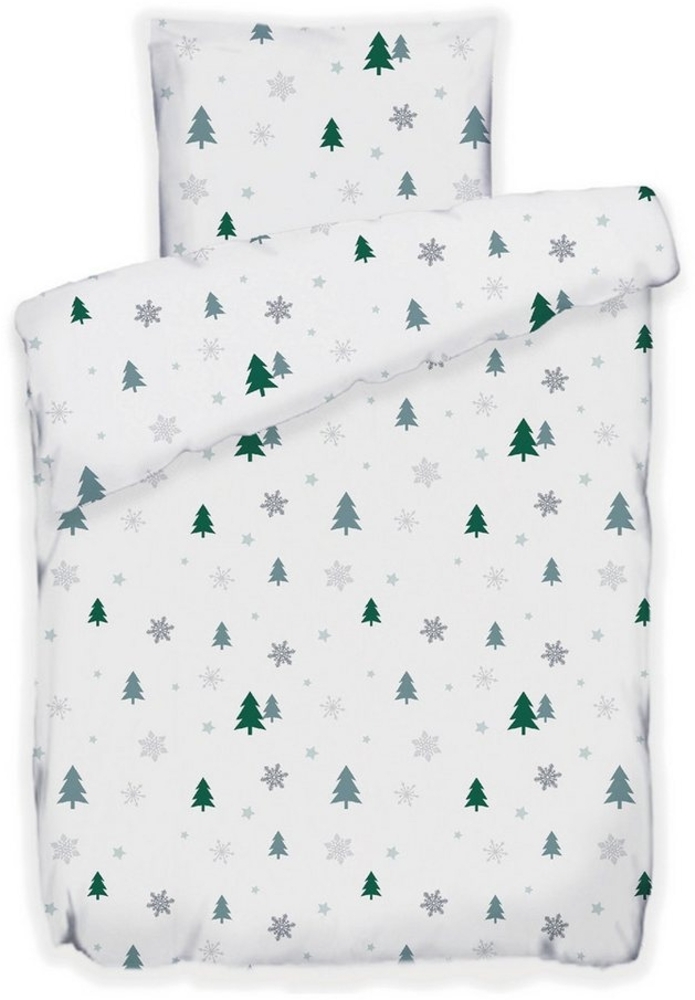 Buymax Bettwäsche Fleece Bettbezug-Set Tanne Tannenbaum, Fleece, 2 teilig, 135x200 cm, warme Winterbettwäsche, Weihnachten, kuschelig, Weiß Grün Bild 1
