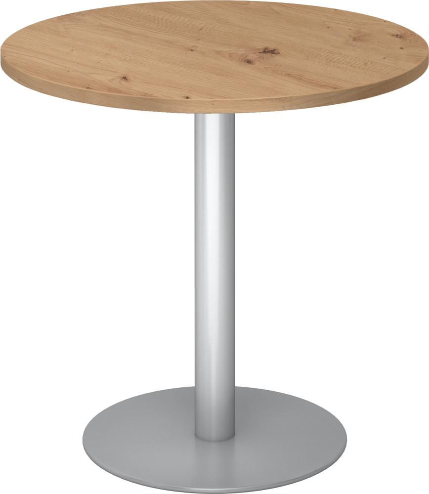 bümö Besprechungstisch, Esstisch klein, Tisch rund 80 cm - kleiner Esstisch Asteiche, Rundtisch Esstisch 2 Personen mit Holz-Platte, Säule aus Metall in silber, Konferenztisch, Bistrotisch, STF08-R-S Bild 1