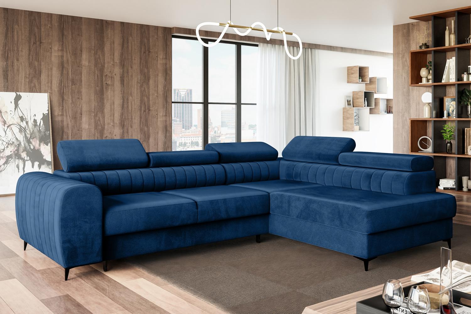 MEBLINI Schlafcouch mit Bettkasten - PORTO - 269x204x72cm Rechts – Blau Samt - Ecksofa mit Schlaffunktion - Sofa mit Relaxfunktion und Kopfstützen - Couch L-Form - Eckcouch - Wohnlandschaft Bild 1