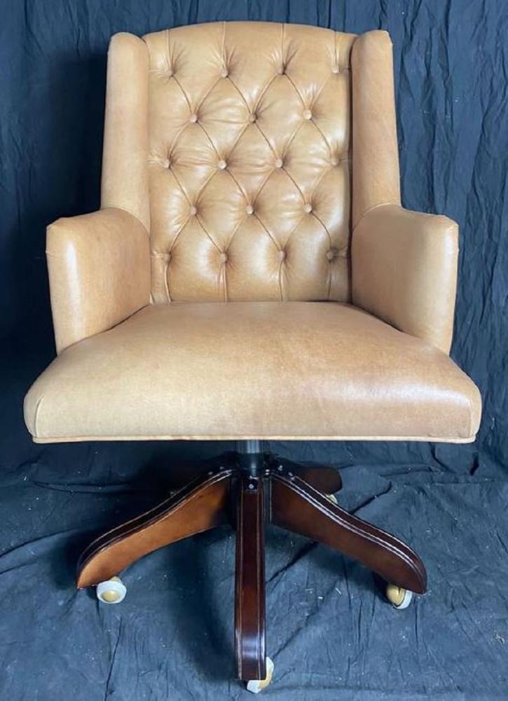 Casa Padrino Luxus Chesterfield Leder Bürostuhl Vintage Creme / Braun 64 x 67 x H. 104-111 cm - Höhenverstellbarer Echtleder Schreibtischstuhl - Chesterfield Möbel - Echtleder Möbel - Luxus Möbel Bild 1