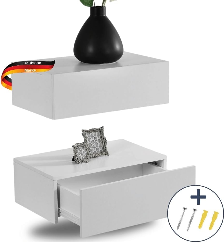 DELUKE® Nachttisch 2er Set hängend TOPO - Wandmontage Wandregal mit Schublade Wandschrank hängend Nachtschrank hängend Wandmontage Nachtkästchen Weiß matt Bild 1