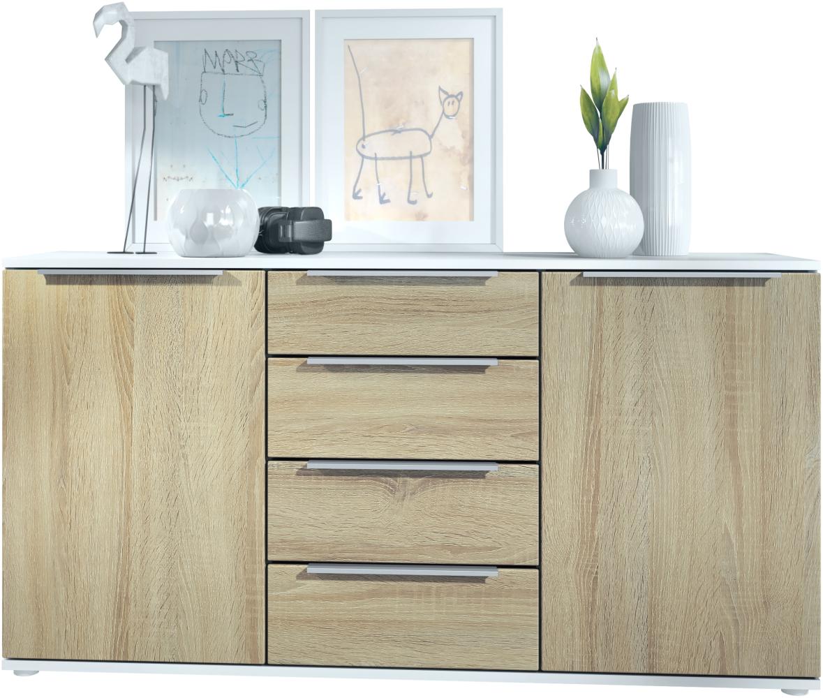 Vladon Sideboard Linio 139 x 72,5 x 35 cm Anrichte mit 2 Türen und 4 Schubladen, Korpus in Weiß matt, Fronten in Eiche sägerau Bild 1