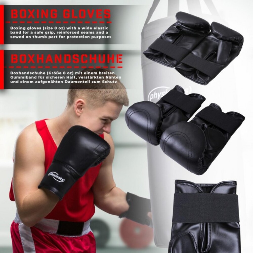 Physionics® Kinder Boxsack-Set - Ø30cm, H70cm, 13kg, Gefüllt, mit 8 oz Boxhandschuhen und Springseil, für Kinder, Karabinerhaken - Sandsack, Kickboxen, MMA, Kampfsport, Muay Thai, Punching Bag Bild 1