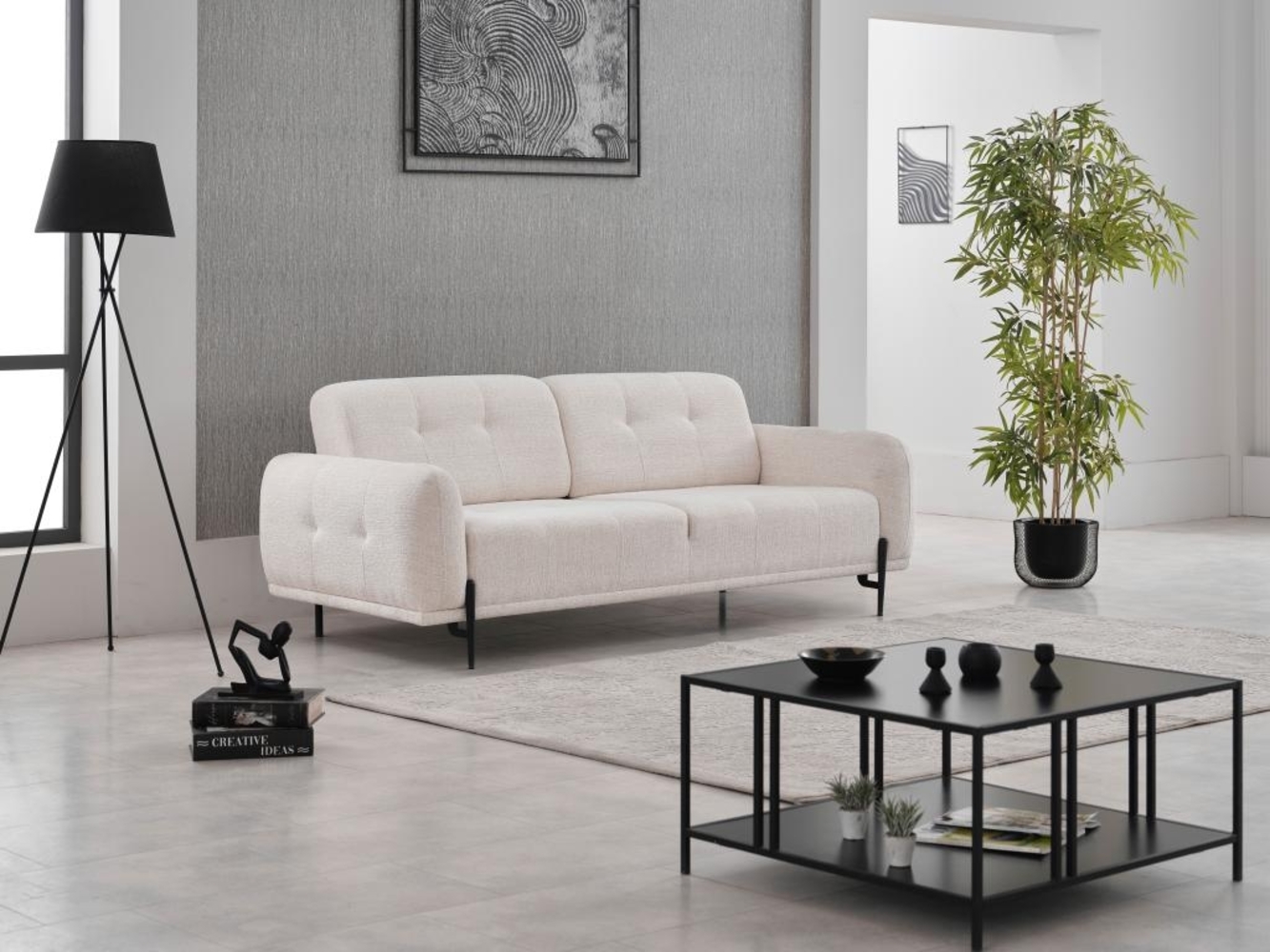 Vente-unique - Sofa 3-Sitzer mit verstellbarer Rückenlehne - Strukturstoff - Elfenbeinweiß - GOJARO Bild 1