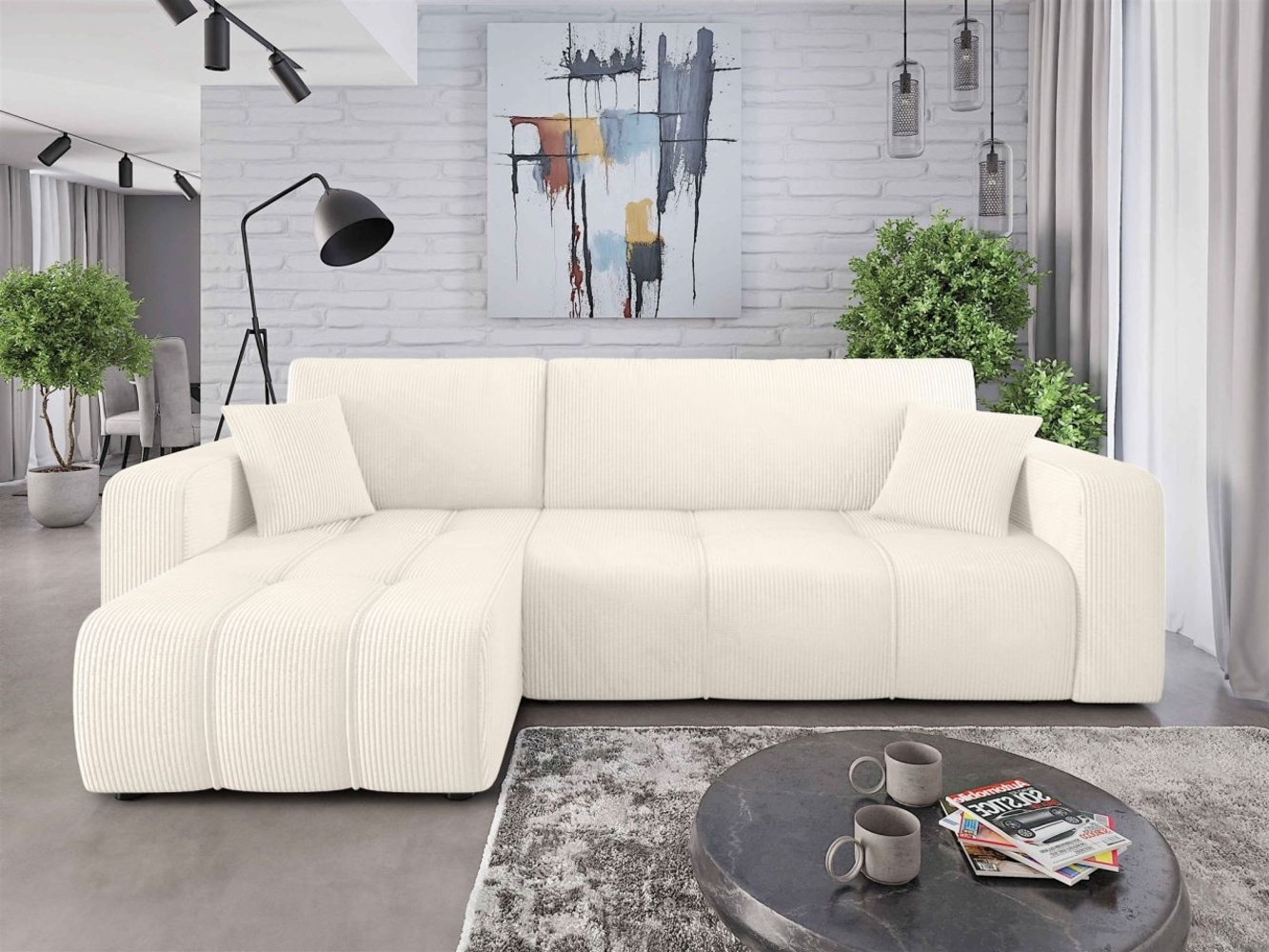 Ecksofa mit Schlaffunktion Sofa DAGNY in Stoff Poso Creme Ottomane Links Bild 1