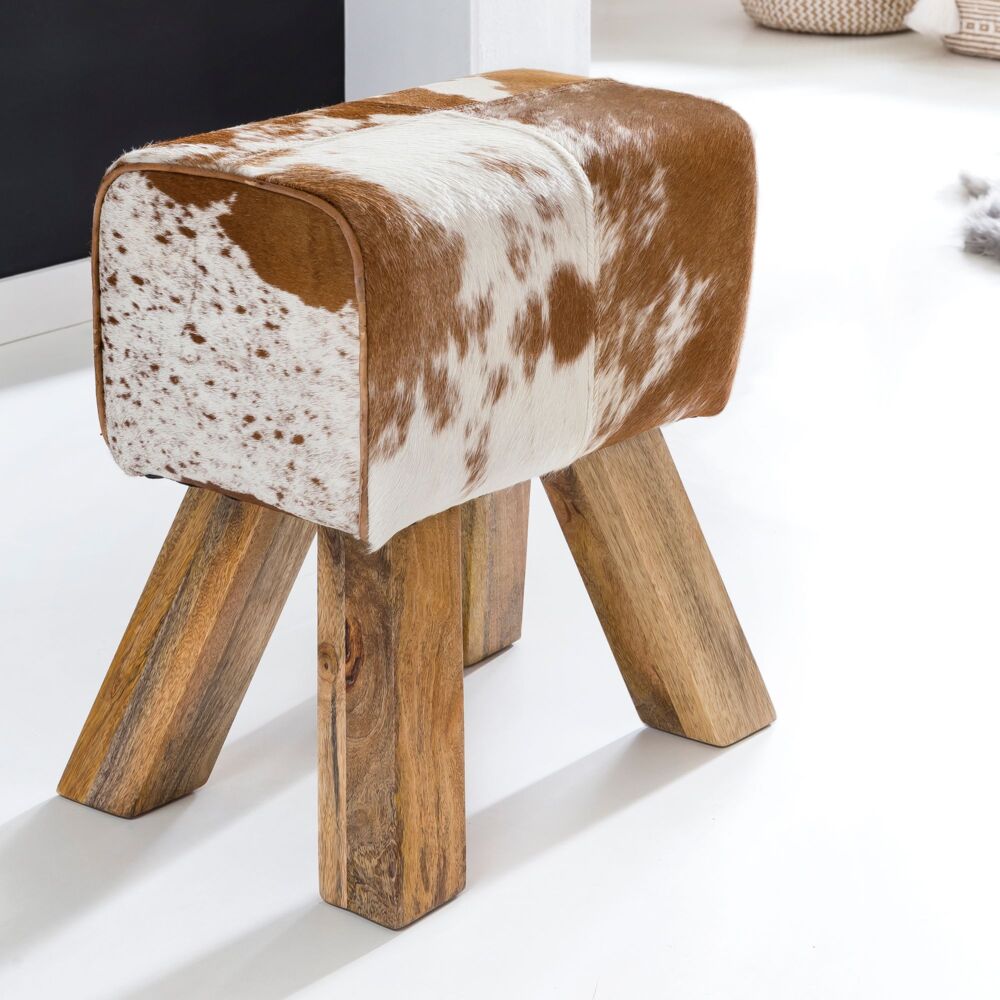 FineBuy Design Turnbock Sitzhocker Ziegenfell Braun/Weiß 40 x 30 x 47 cm | Turnhocker Hocker Lederhocker Springbock | Beistellhocker Echtleder Fußhocker Bild 1
