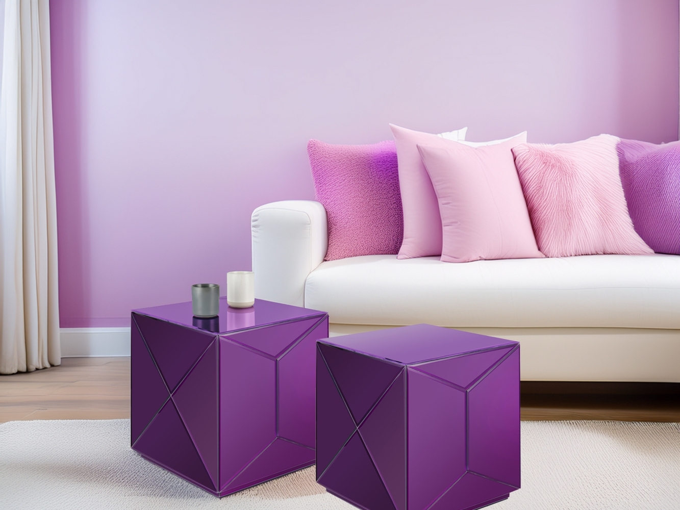 Kleiner Würfel Beistelltisch 2er Set mit Spiegelglas Lila, Höhe 40cm Bild 1