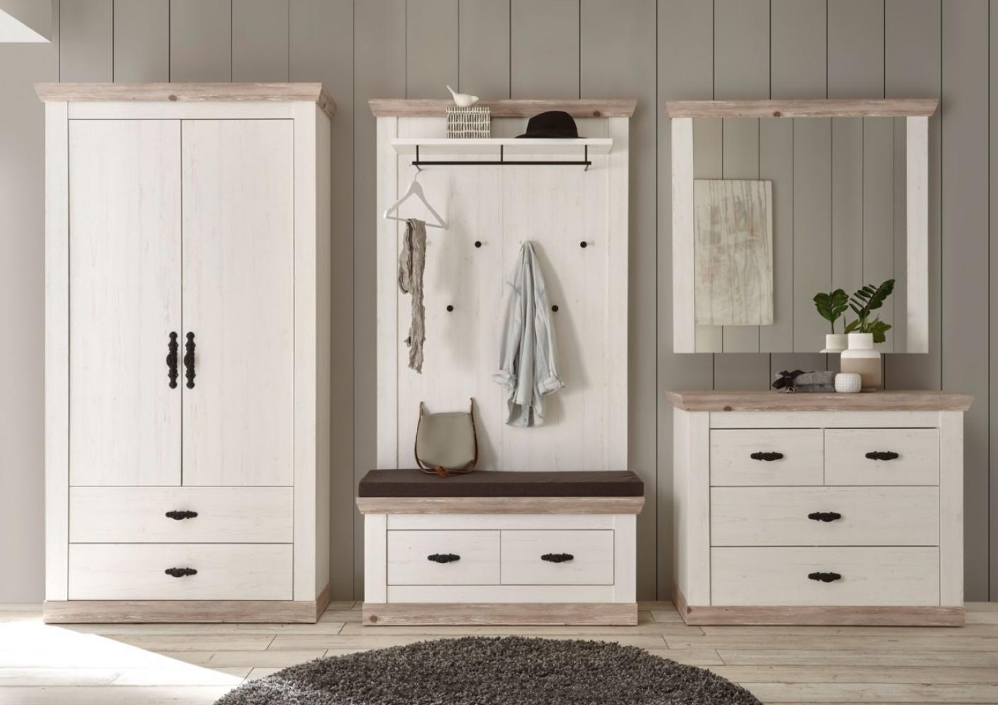Garderobe Florenz 321cm pinie weiß oslo pinie Sitzbank Kissen Paneel Kleiderschrank Bild 1