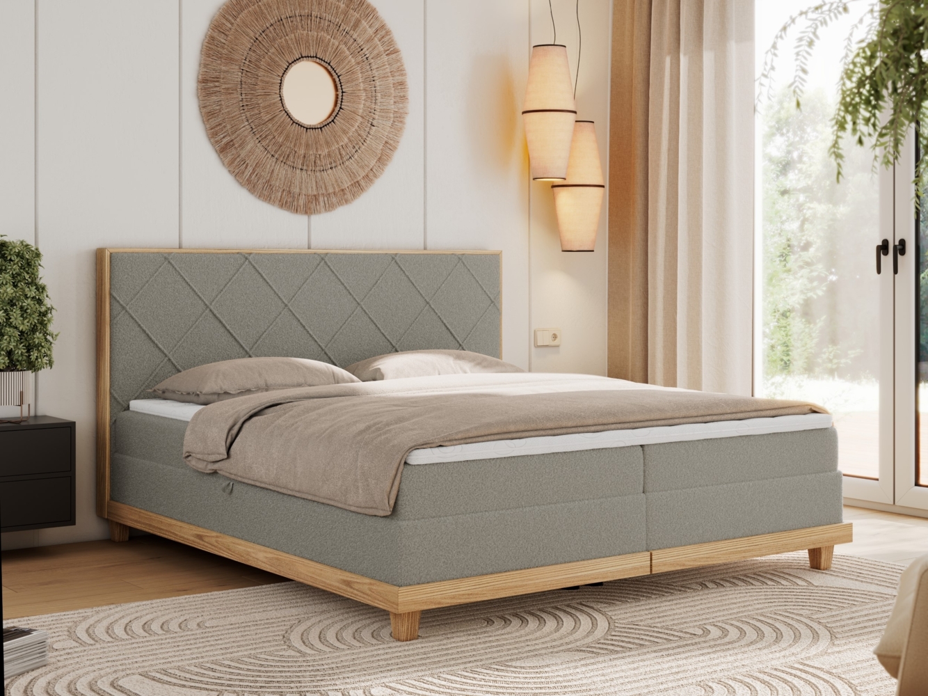 Boxspringbett mit Massivholzelementen und Multipocket - Matratzen - CAICOS - 160 x 200 cm - Hellgrau Boucle - H4 Bild 1