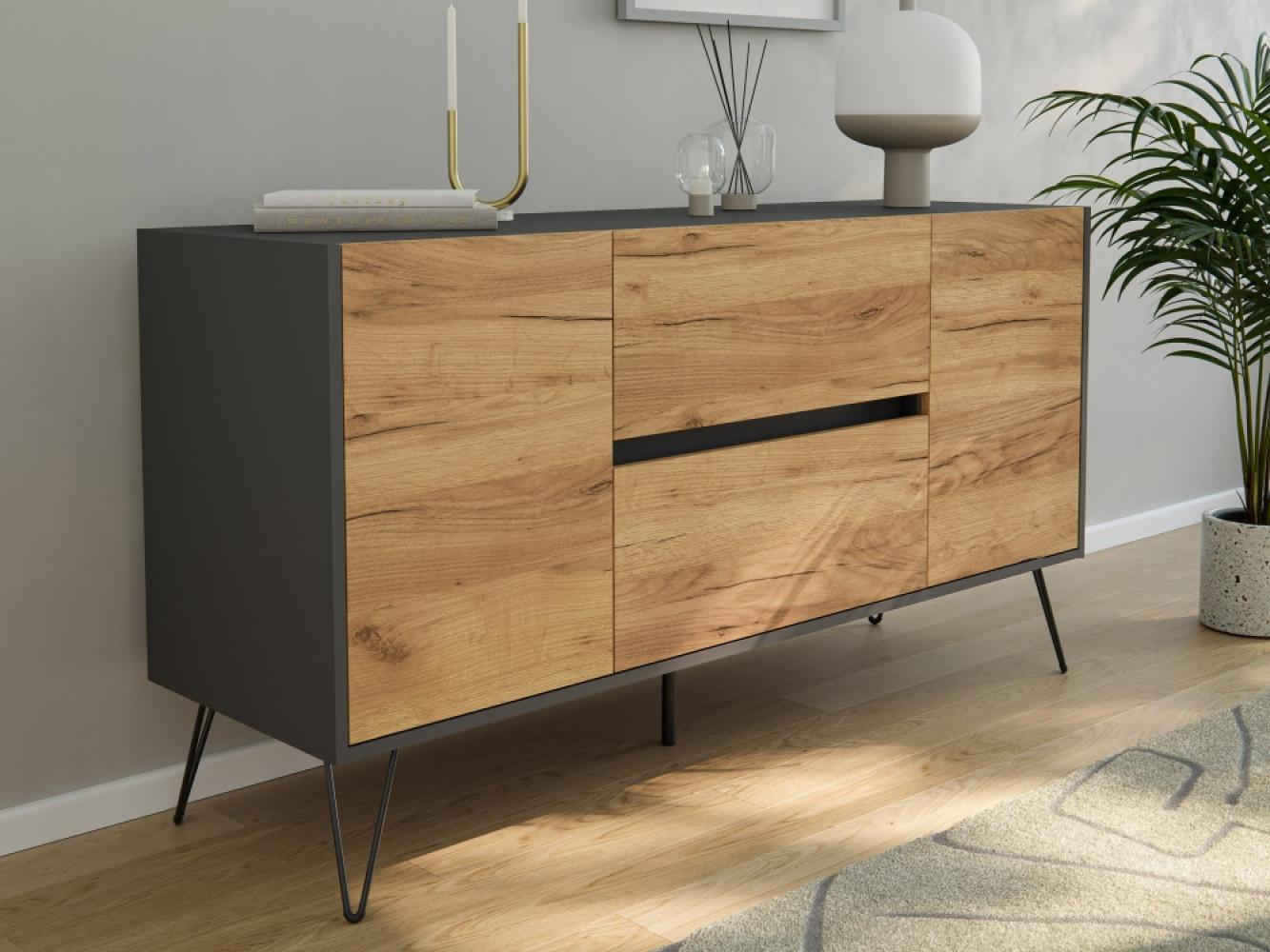 Raumwunder Sideboard Maya 140cm 2 Greif-SoftClose 2 Türen Grafit/Eiche Front : Oak Gold / Grafit Bild 1