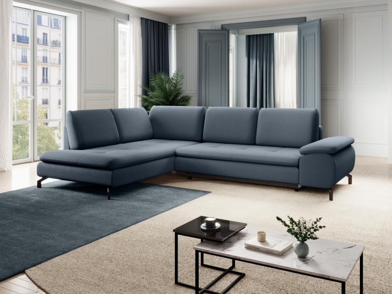 Vente-unique - Großes Ecksofa mit Schlaffunktion - Ecke links - Strukturstoff - Blau - ARCHIBALD Bild 1