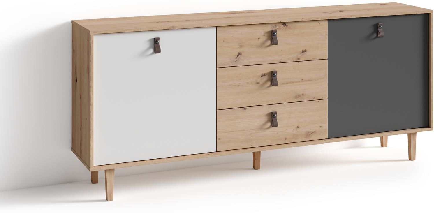 byLIVING Sideboard BILL / Kommode Artisan Eiche Optik hellbraun / Schrank mit 1 Tür und 3 Schubkästen / Fronten in weiß und grau / Schlaufen-Griffe / B 180, H 77, T 36,5 cm Bild 1