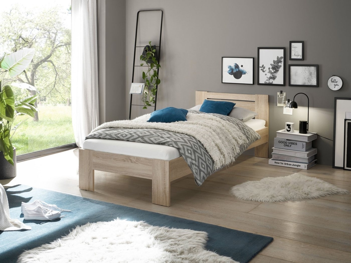 CANNES Futonbett 90x200 cm - Minimalistisches Jugendzimmer Bett in Eiche Sonoma Optik - 95 x 71 x 204 cm (B/H/T) Bild 1