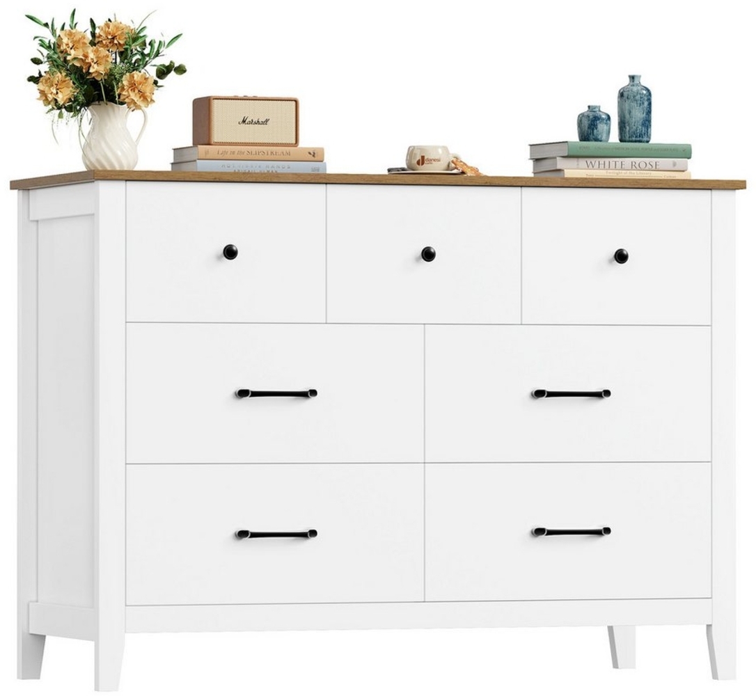 HOMECHO Kommode, Weiß mit 7 Schubladen und Brauner Platte, 106x40x81 cm Bild 1