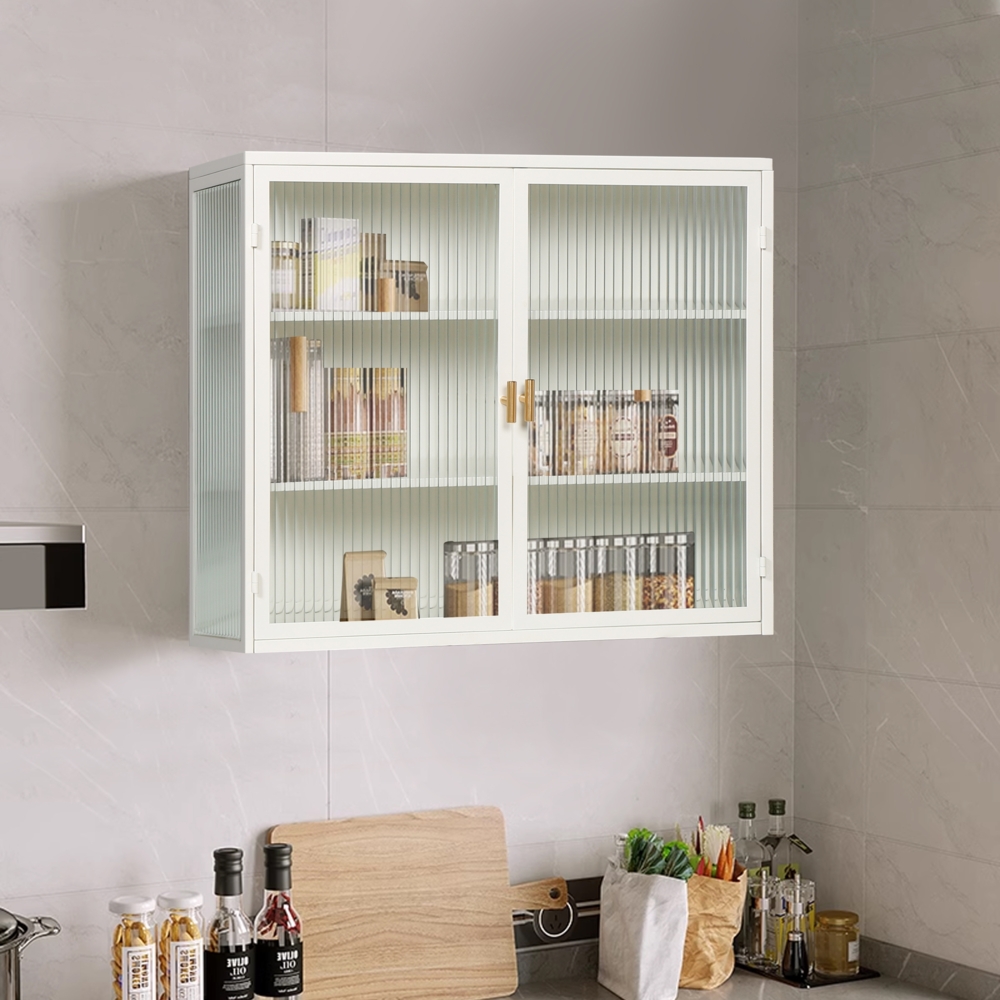 Wandschrank, 2-türig, mit Glastüren, dreistufige Lagerung, geeignet für Eingangsbereich, Wohnzimmer, Badezimmer, Esszimmer, Holz Glas, weiß, 70 cm Bild 1