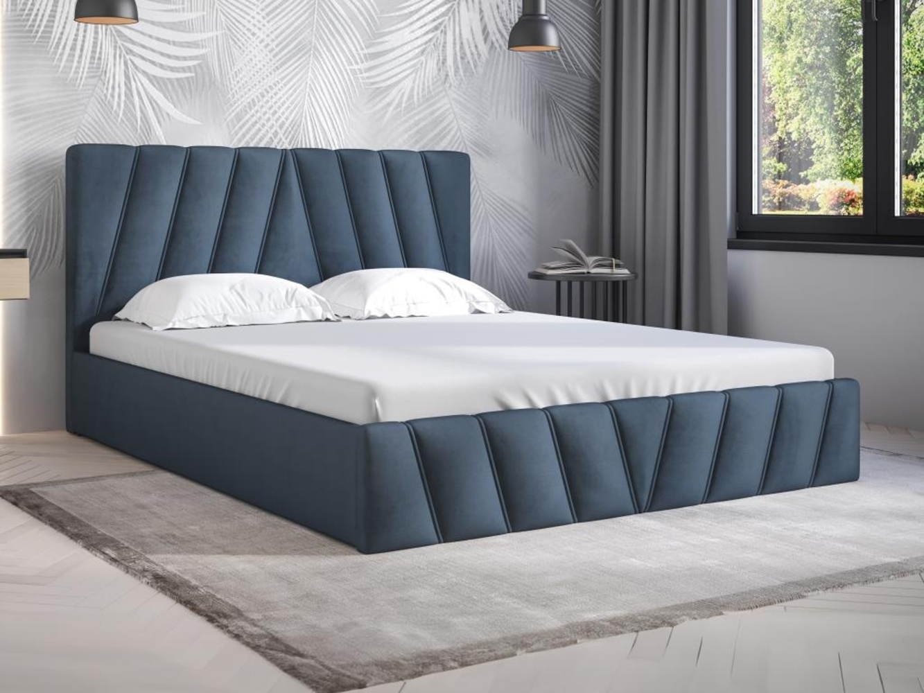 Vente-unique - Bett mit Bettkasten - 160 x 200 cm - Samt - Blau + Matratze - LIDAMA von Pascal Morabito Bild 1